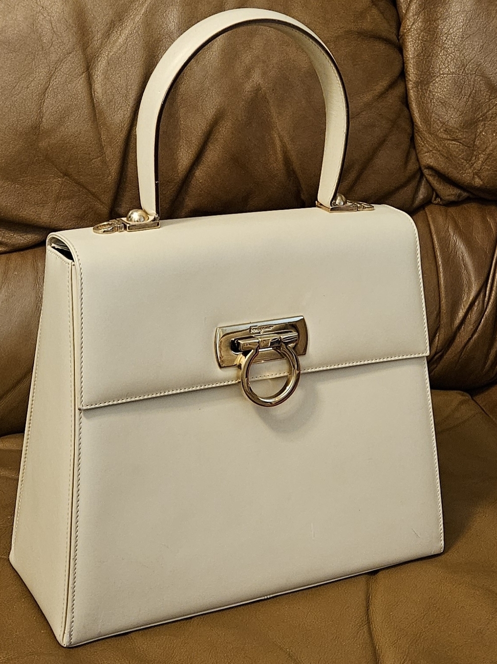 Salvatore Ferragamo Cream Leather Top-Handle Satchel with Gold Hardware - Picture 2 of 16